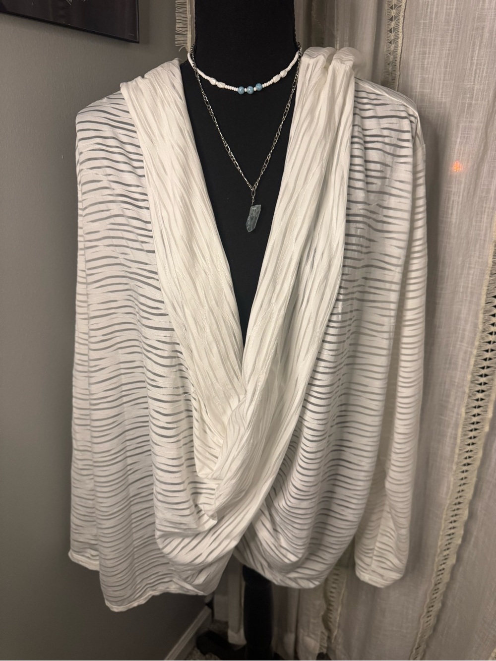 Open-Front Draped Hoodie - White with Mesh Stripes